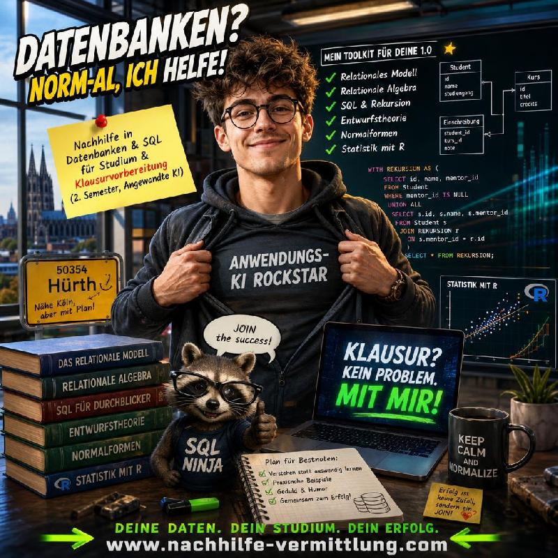 Nachhilfe Datenbanken, SQL, Statistik, R, Relationales Modell, Relationale Algebra, Entwurfstheorie, Normalformen Hürth Nachhilfe Datenbanken, SQL, Statistik, R, Relationales Modell, Relationale Algebra, Entwurfstheorie, Normalformen Hürth